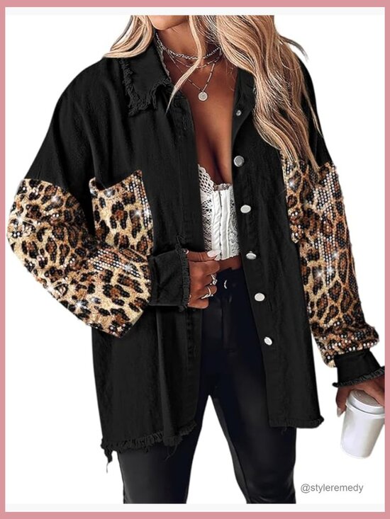 Jackets & Blazers - Sequin Patchwork Long Sleeve Oversized Denim Shacket Raw Hem Button Front